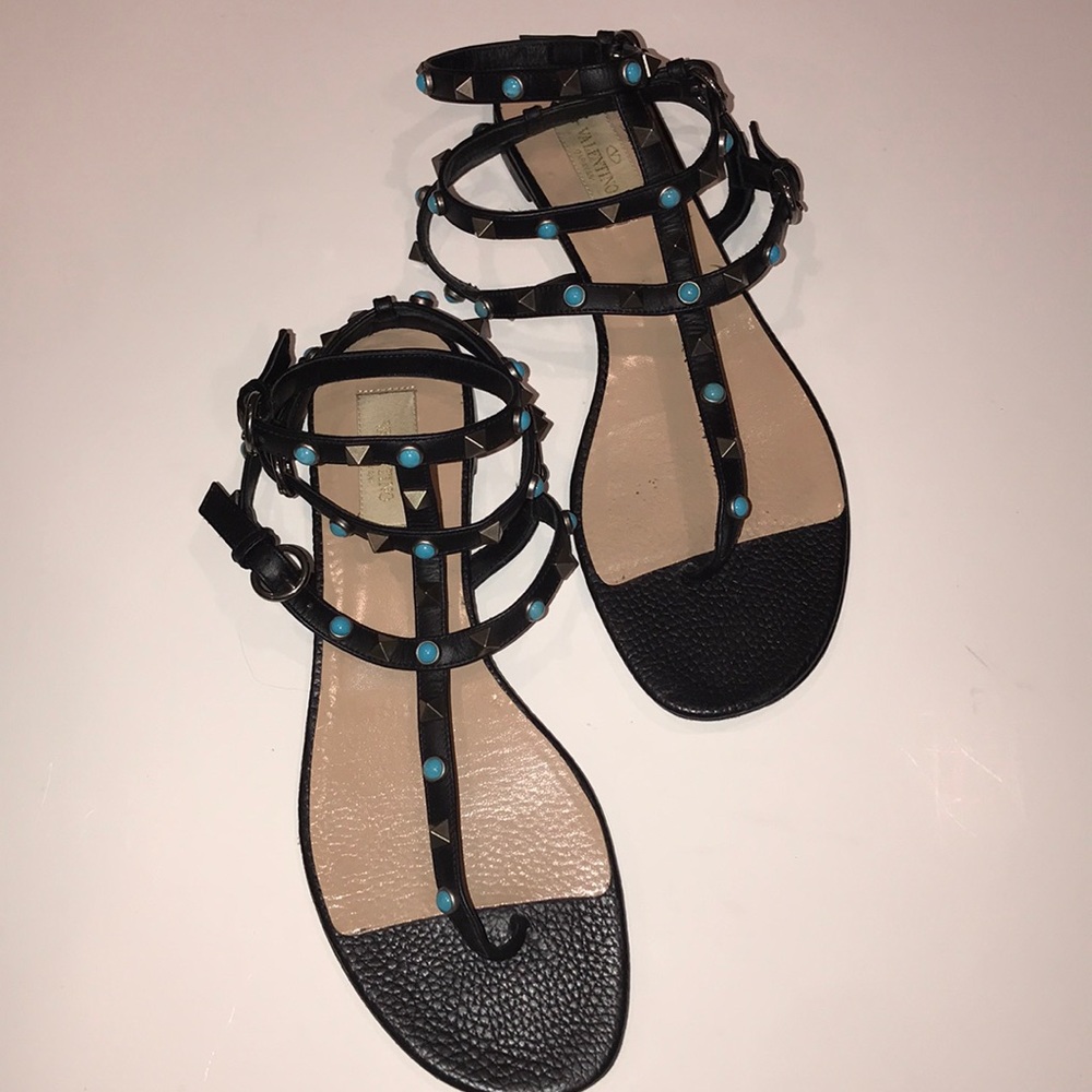 Valentino Black Leather Studded Gladiator Sandals with Turquoise Accents